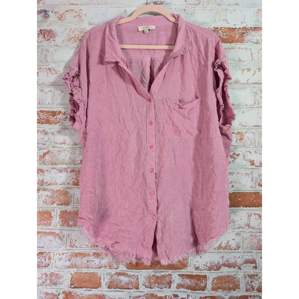 Umgee Ruffle Sleeve Button Down Top Women 2XL Pink Frayed Hem WA3025